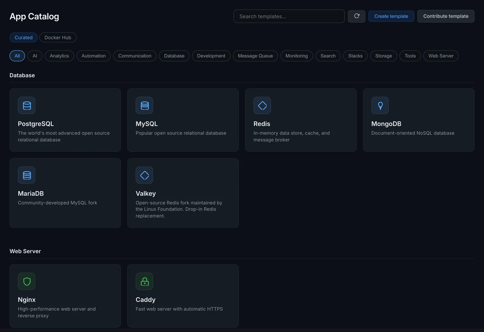 App Catalog with templates grouped by category