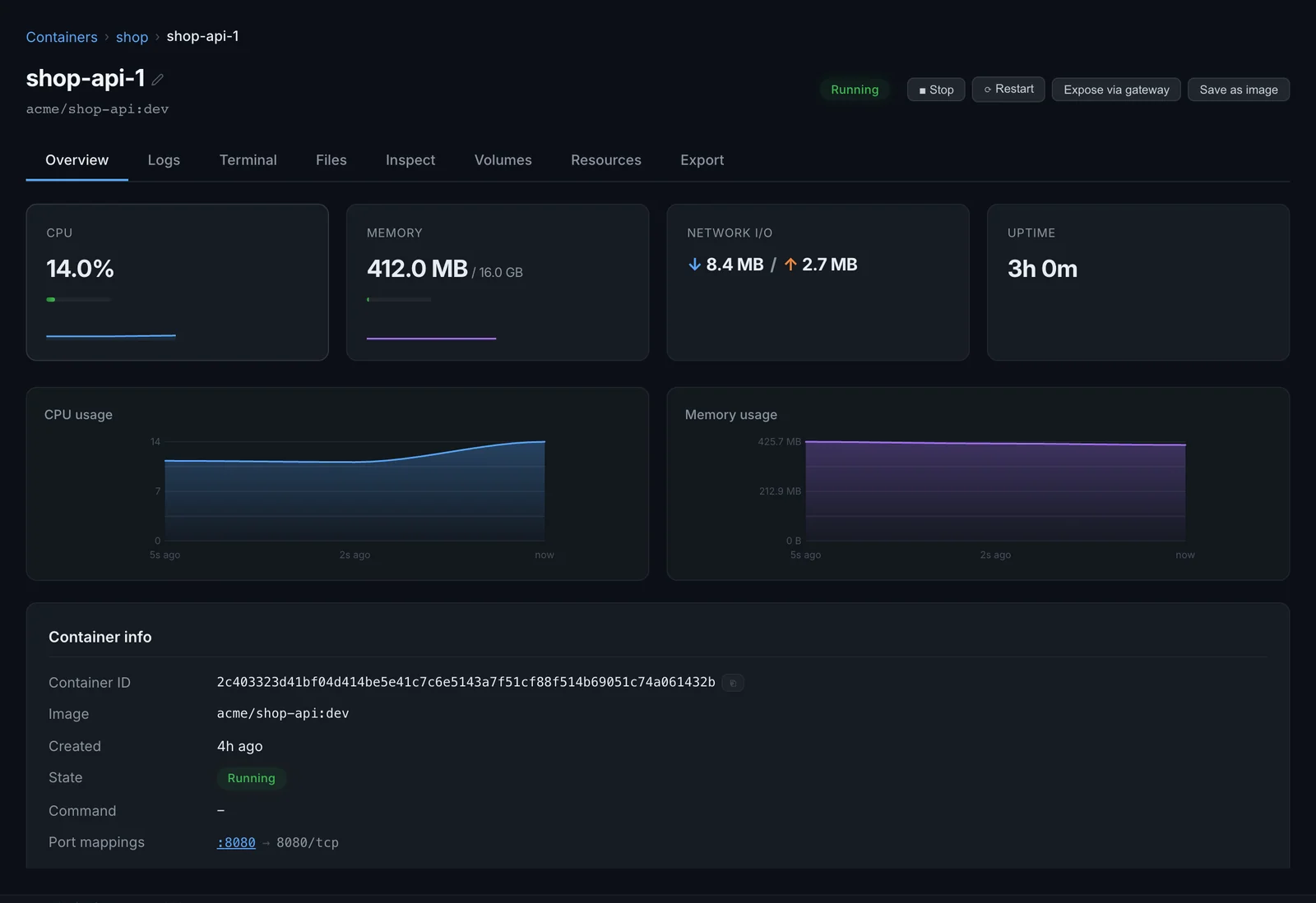 A container's detail page with live CPU and memory charts