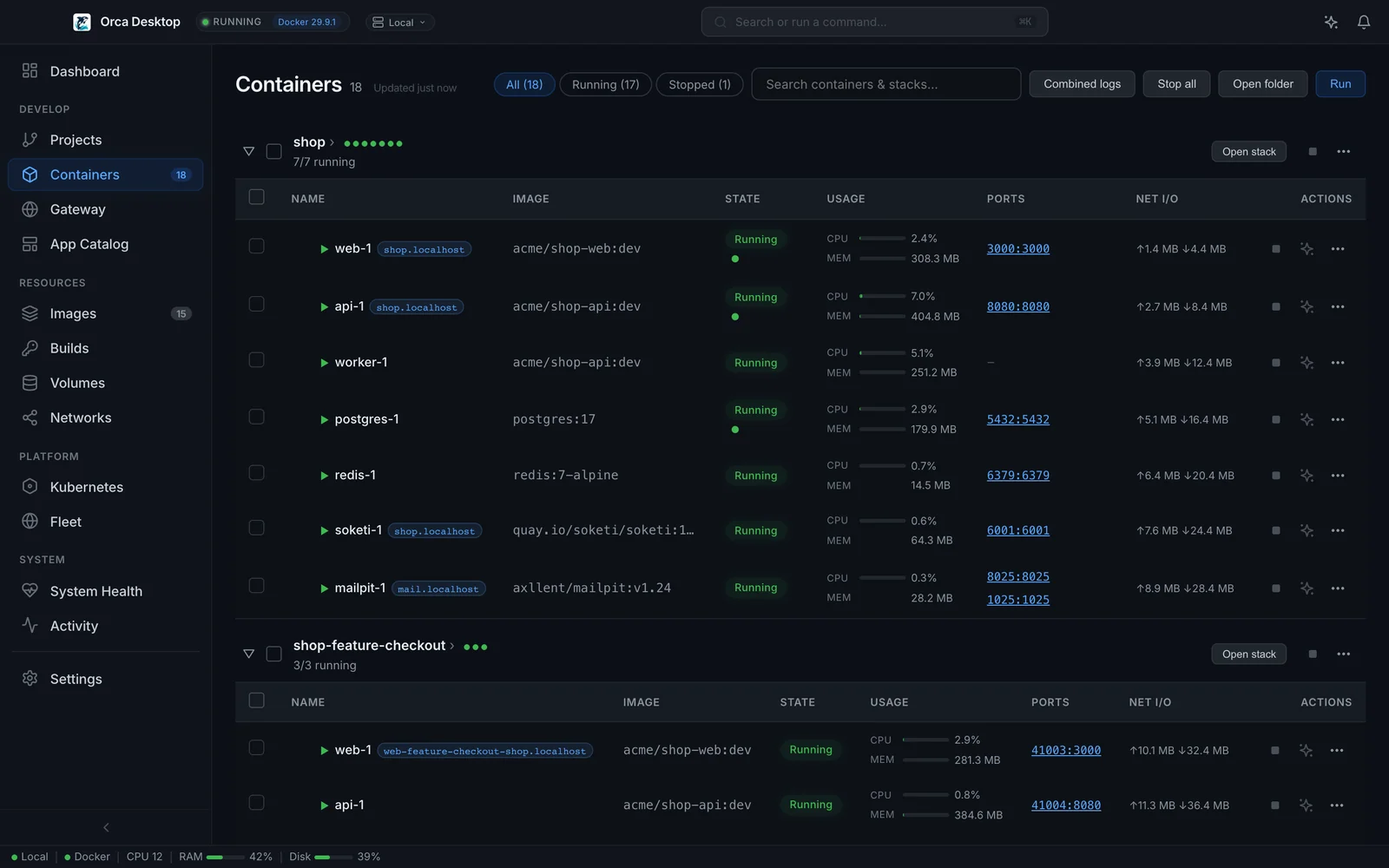 The Containers page with stacks grouped as cards and standalone containers below