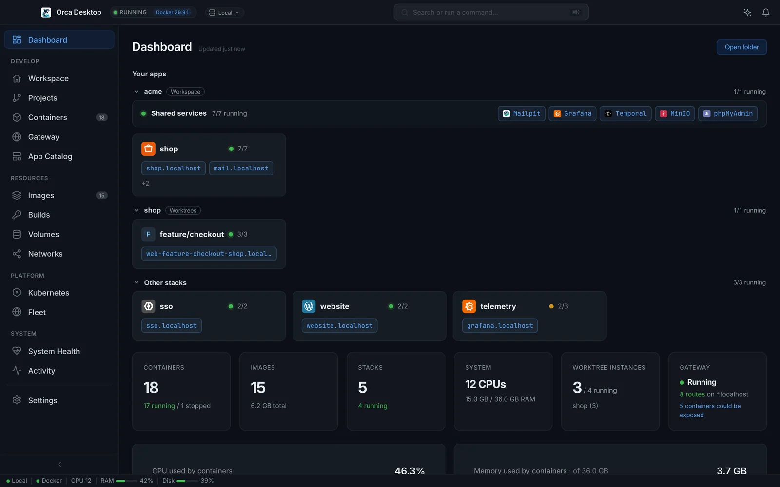The Orca dashboard with containers, stacks, worktree instances, the gateway and live CPU and memory