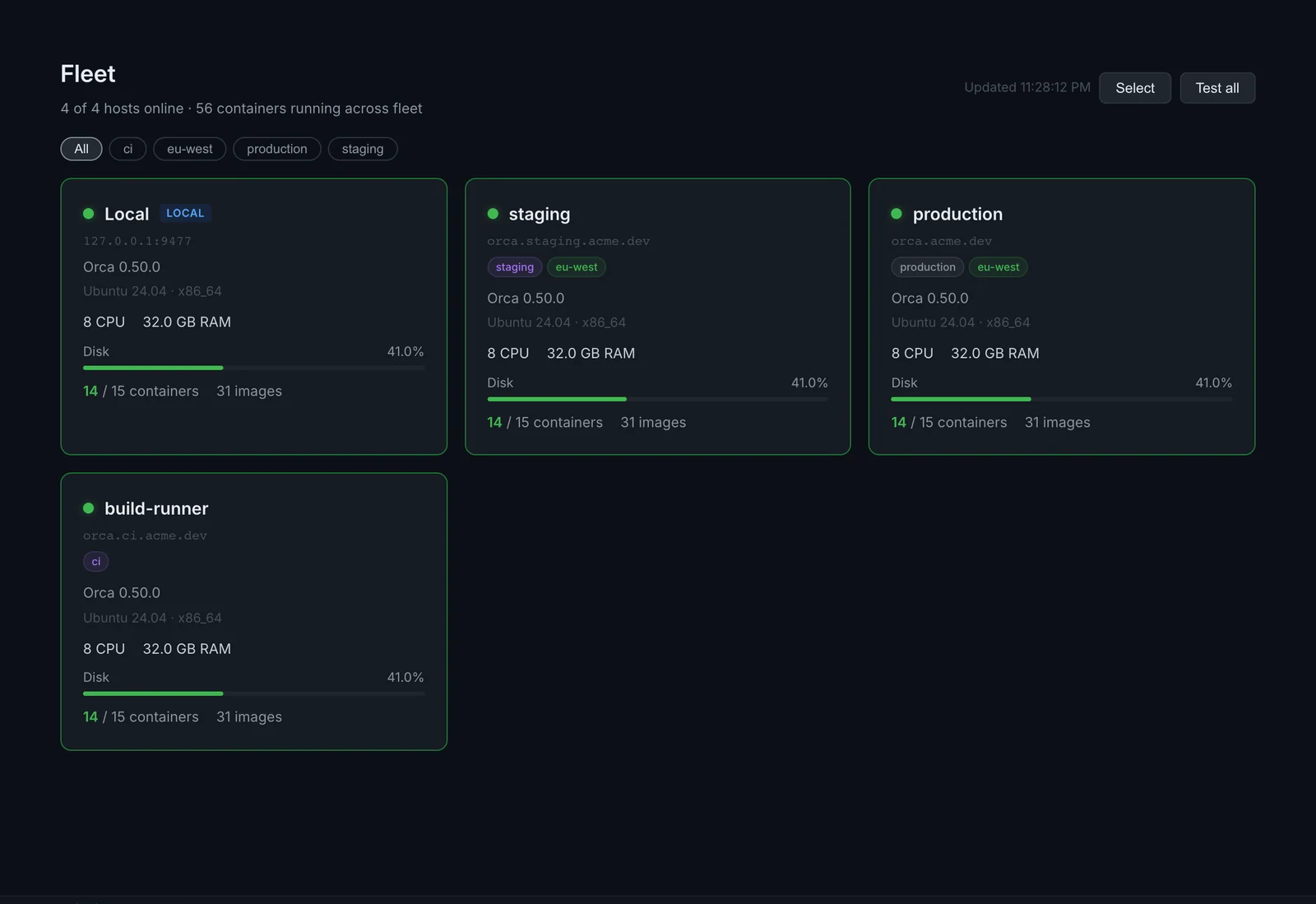 The Fleet page showing a card per host with status, version, CPU, memory, disk and container counts