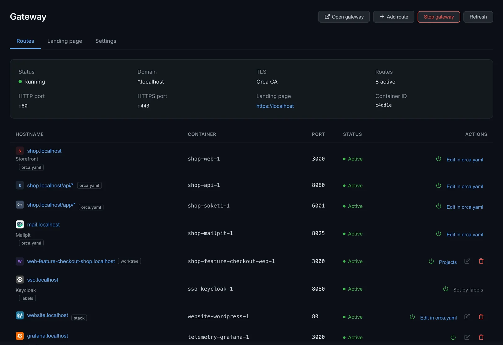 The Gateway page with routes to running containers