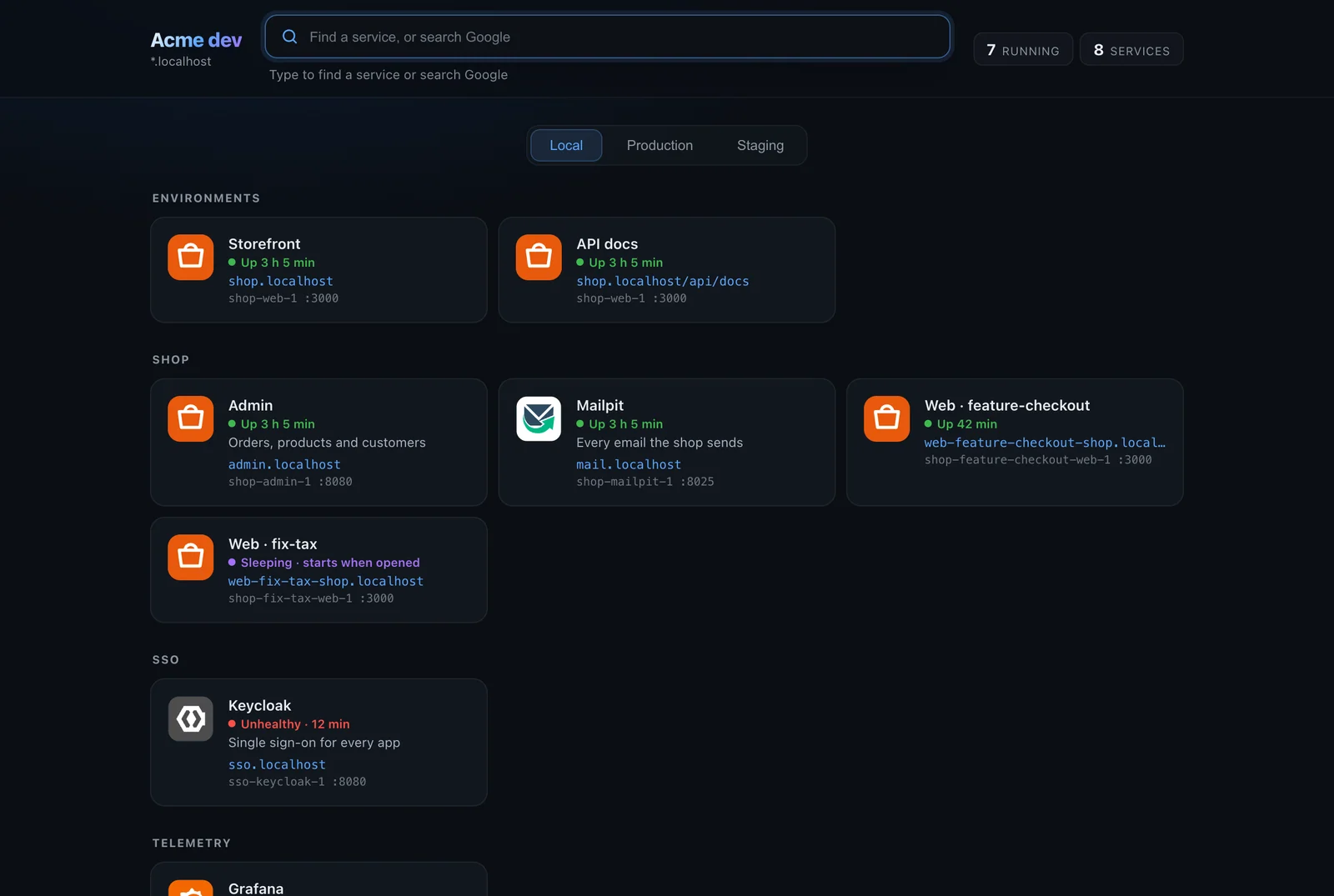 The landing page: cards grouped by project, with tabs for each environment
