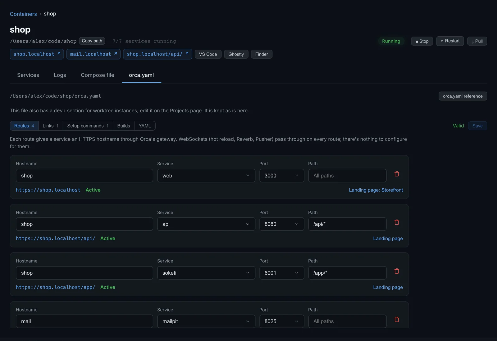 The orca.yaml tab: routes as forms, with the stack's services and ports to pick from