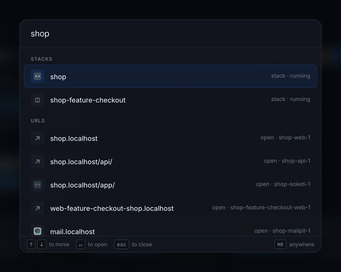 The command palette with "shop" typed, listing matching stacks and gateway URLs