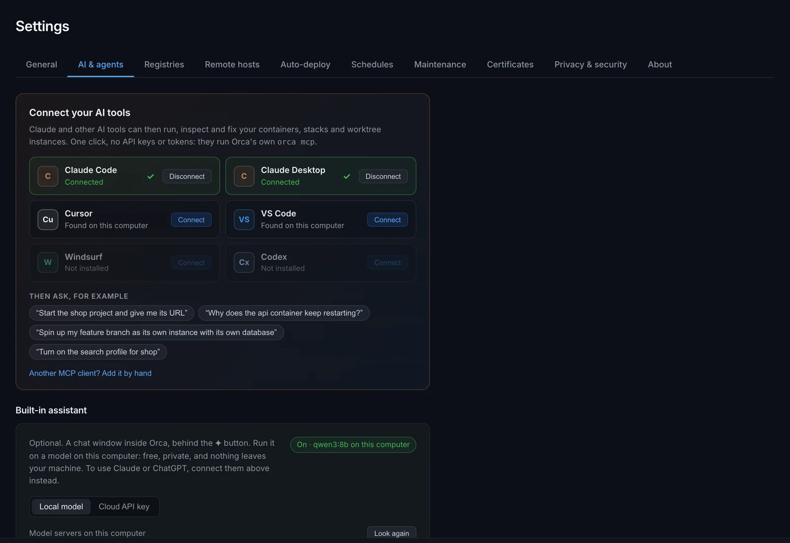 Connect your AI tools in Settings: Claude Code and Claude Desktop connected, Cursor and VS Code ready to connect