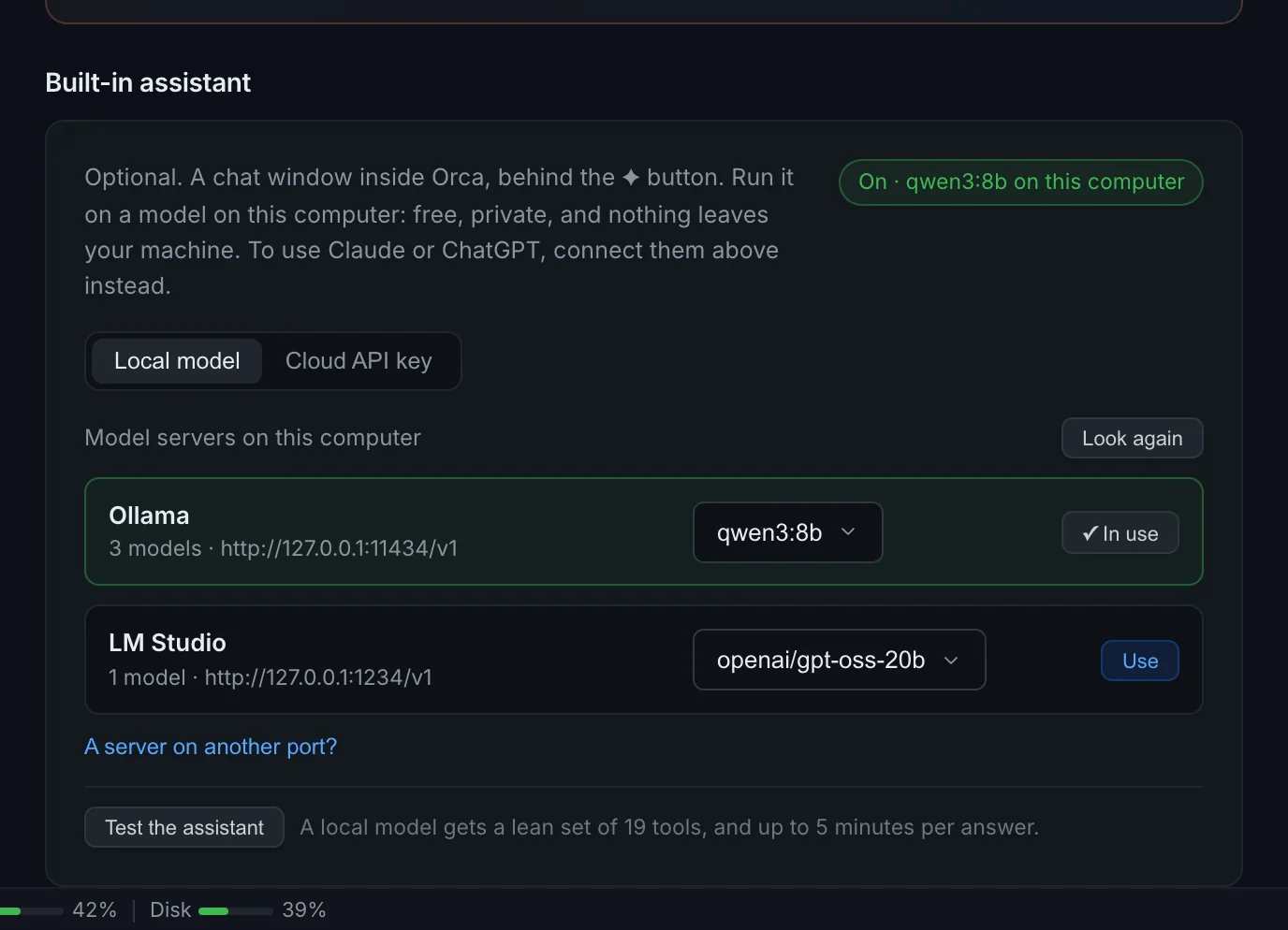 The built-in assistant in Settings, using a model from Ollama