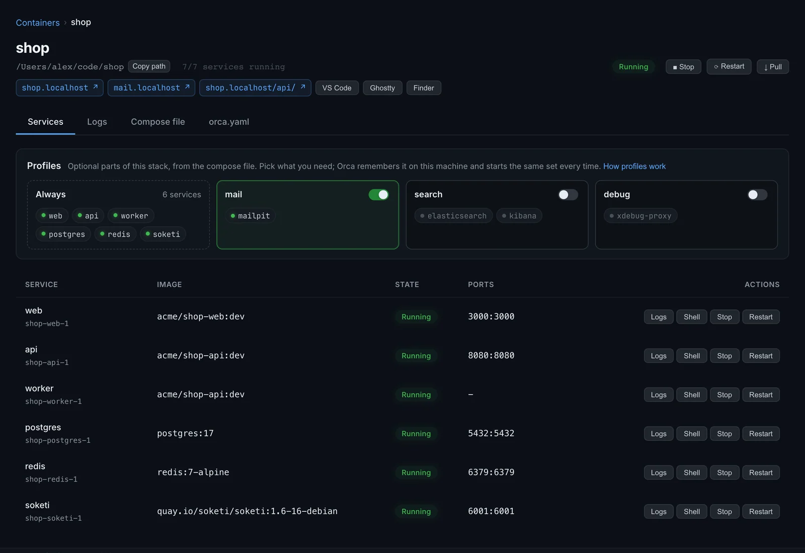 A stack page with its compose profiles as cards above the services