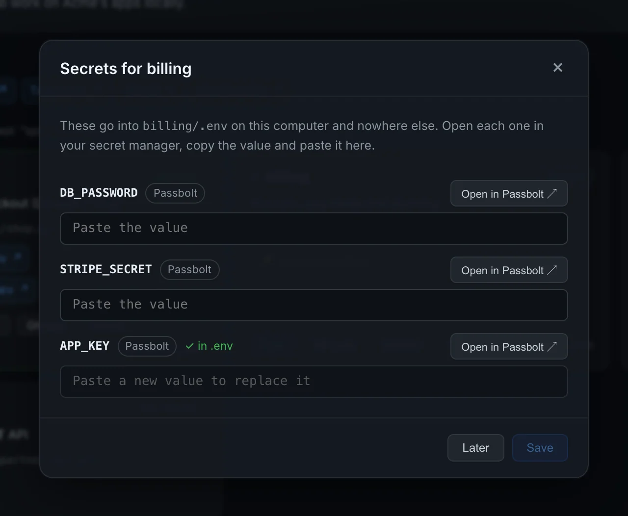 Filling in a project's secrets, each with a link to its entry in Passbolt
