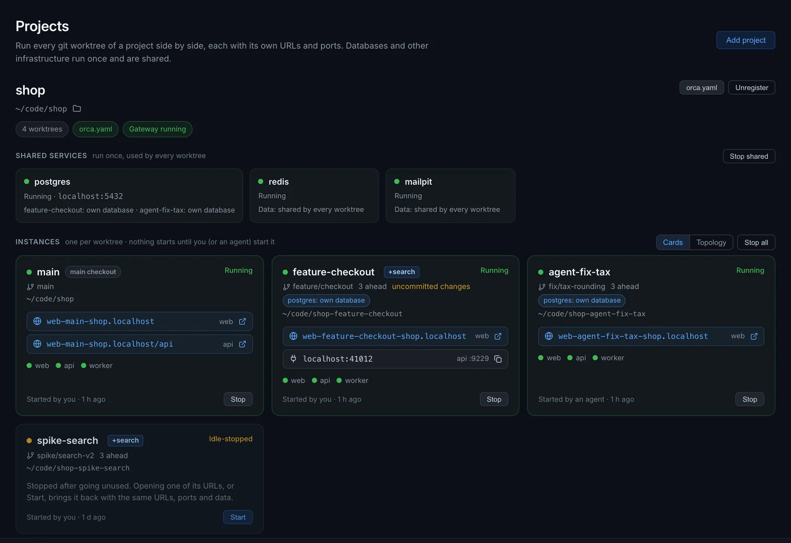 The Worktrees page: shared services at the top, then one card per worktree with its own URLs, data and status